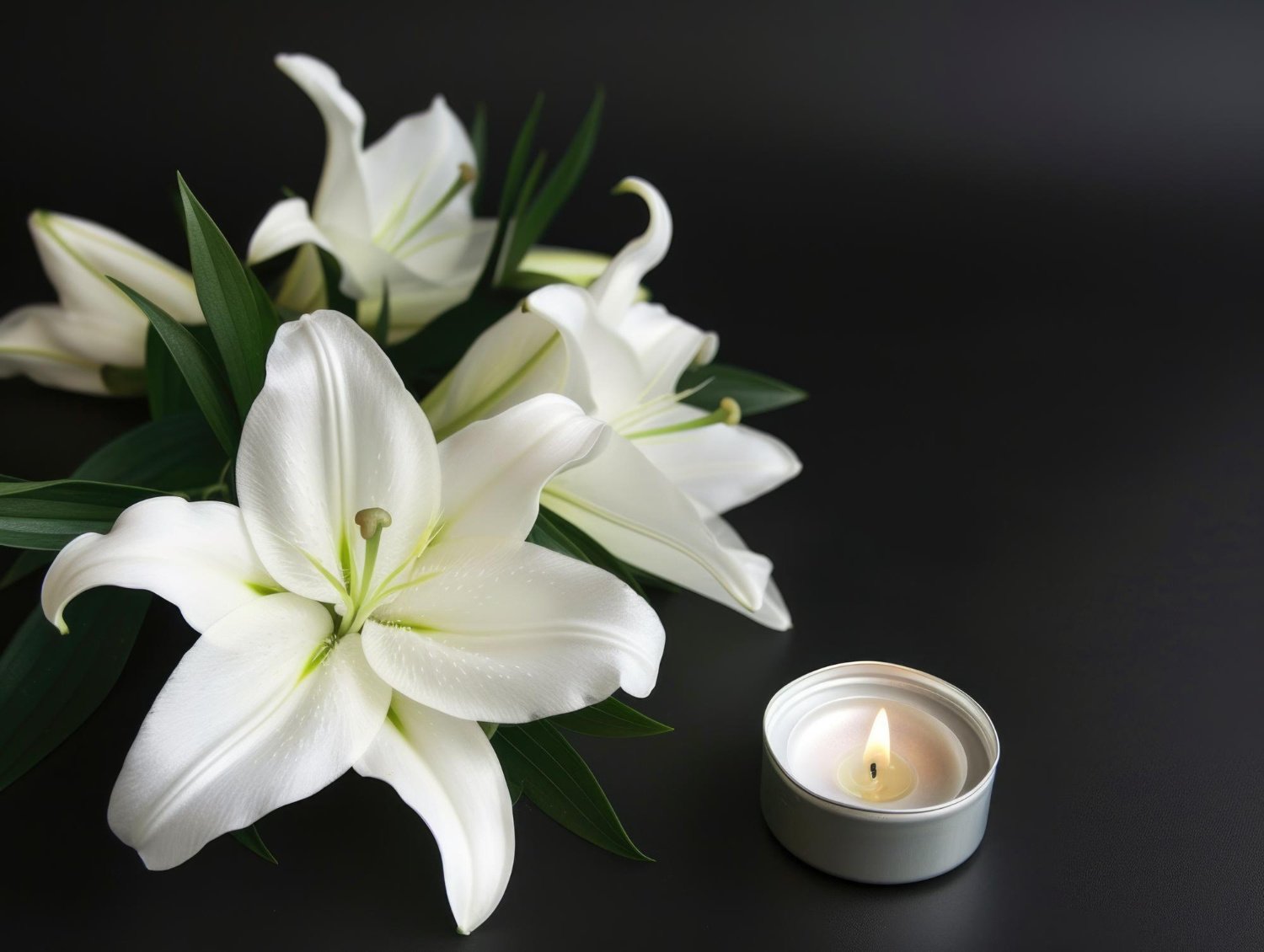 A candle and some white flowers on a table condolence funeral card with white lily flowers and a