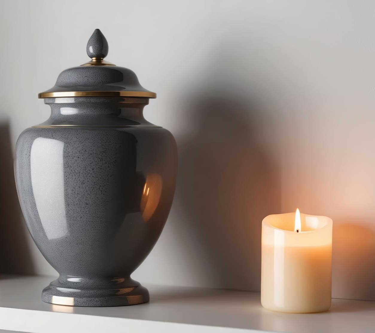 Elegant gray urn with gold accents with candle